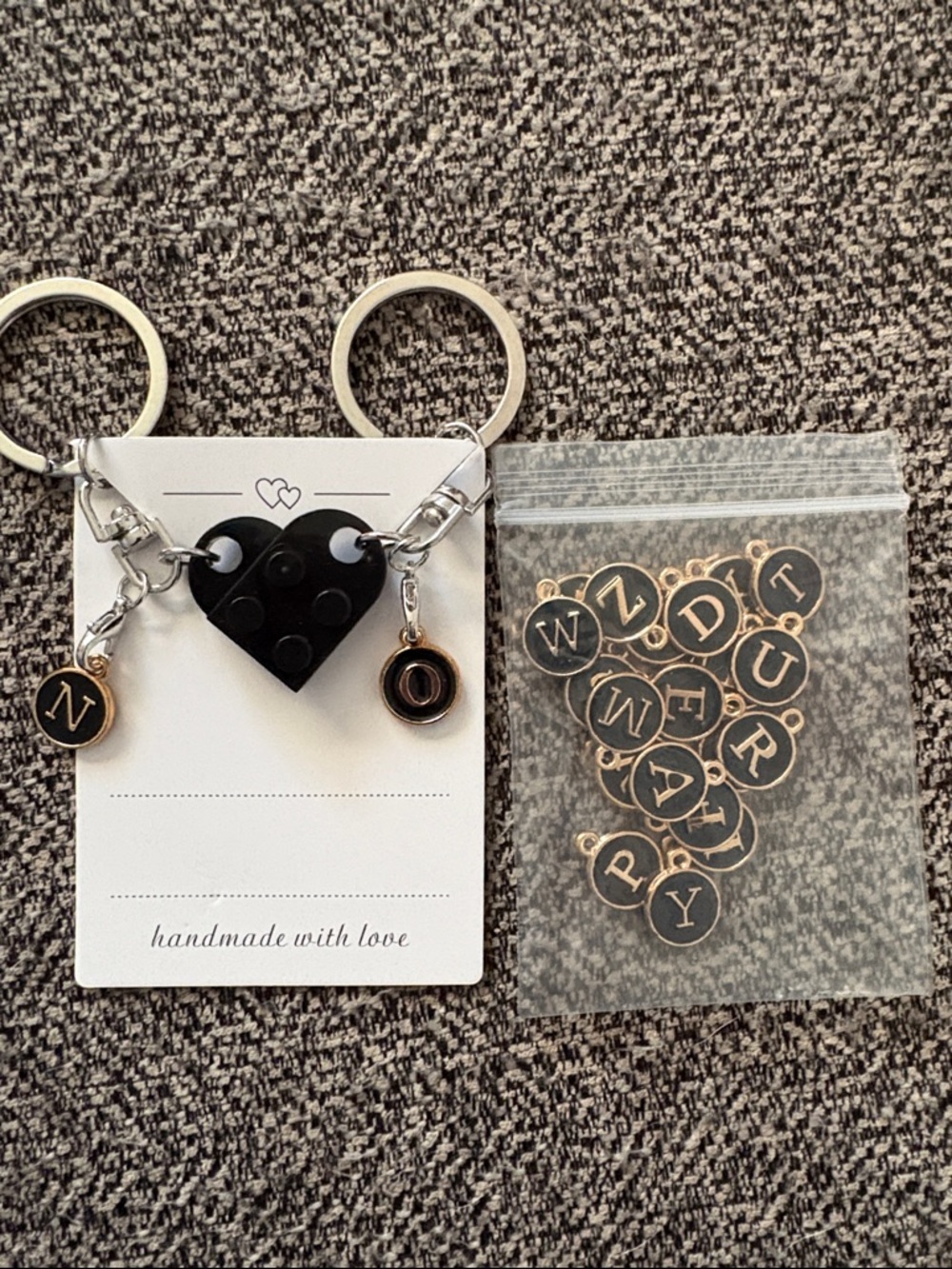 4-4-$25 Handmade Black Heart Keychain with Gold Initial Charms